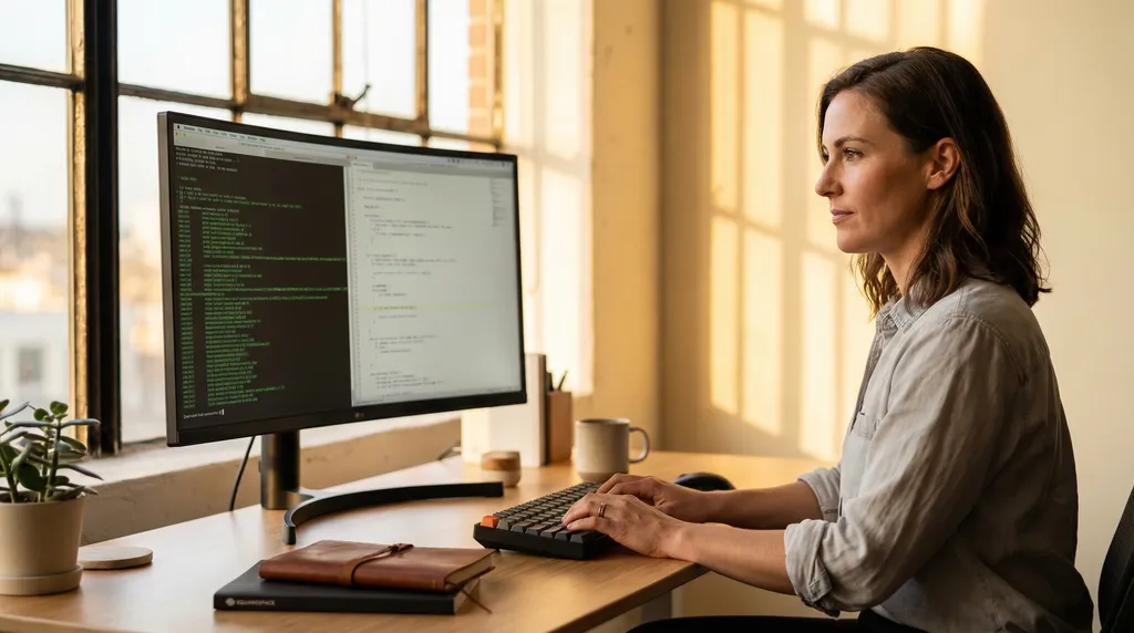 Engineer in flow state — terminal and code editor in warm golden hour light
